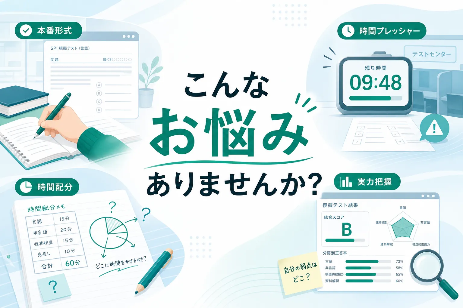 本番形式、時間プレッシャー、時間配分、実力把握の悩みを示すイラスト