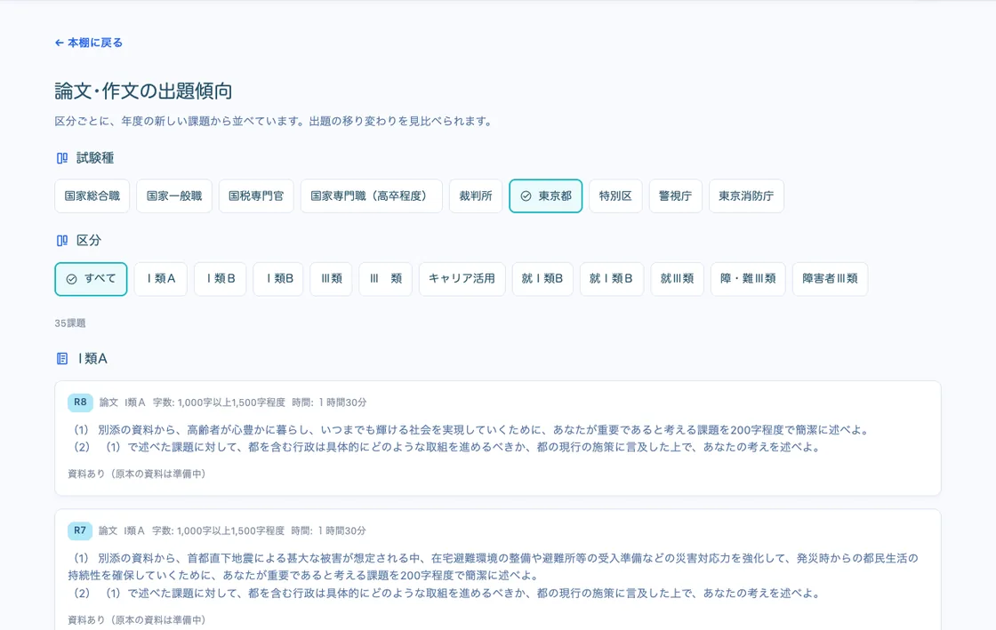 実際の画面。東京都の論文・作文の課題を年度順に並べた出題傾向ページ